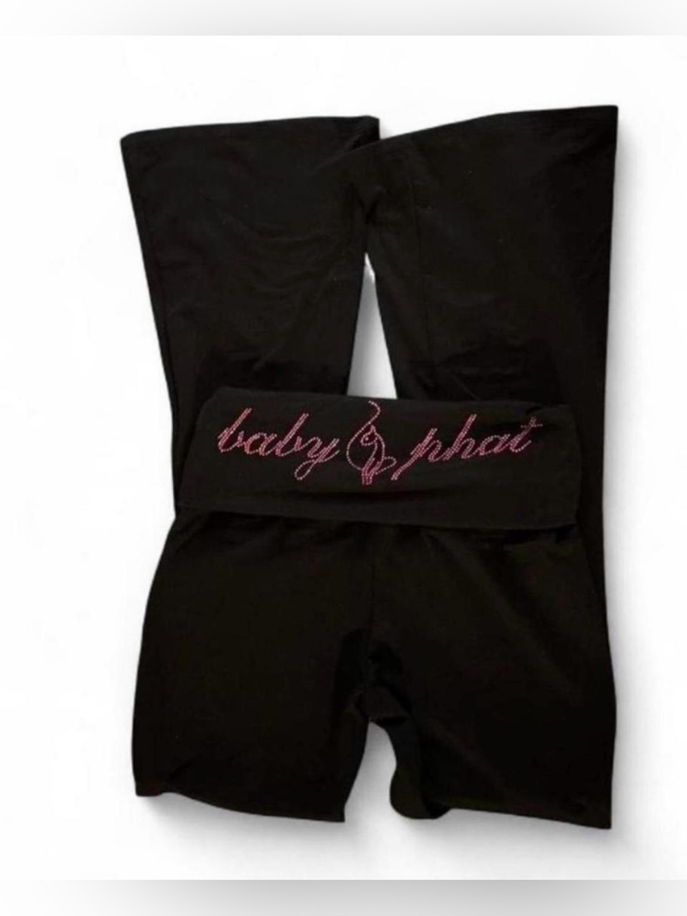 Baby Phat black fold over flare pants pink rhinestone logo on back Medium NWT
